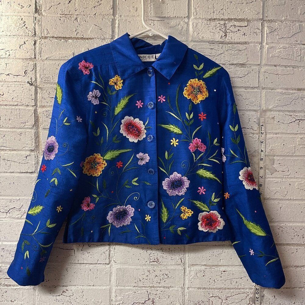 Tunique Nights Embroidered Floral Silk Jacket Blazer Small